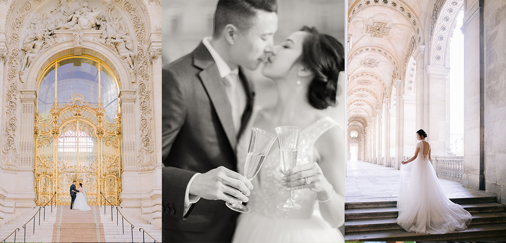 Beautiful elopement images from Paris. Couple exchanging vows, kissing, and walking hand in hand through the city. Inspiring for any intimate wedding